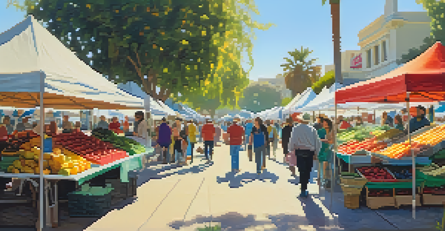 A vibrant Santa Monica Farmers' Market filled with fresh produce and local artisans, capturing a lively community atmosphere.