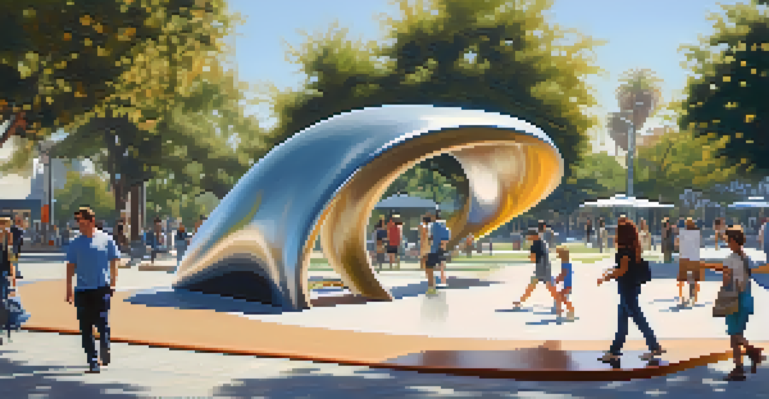 A large metal sculpture resembling a wave in a park, with visitors strolling nearby on a sunny afternoon.