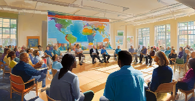 A community meeting in Santa Monica with diverse residents discussing urban planning ideas in a bright room.