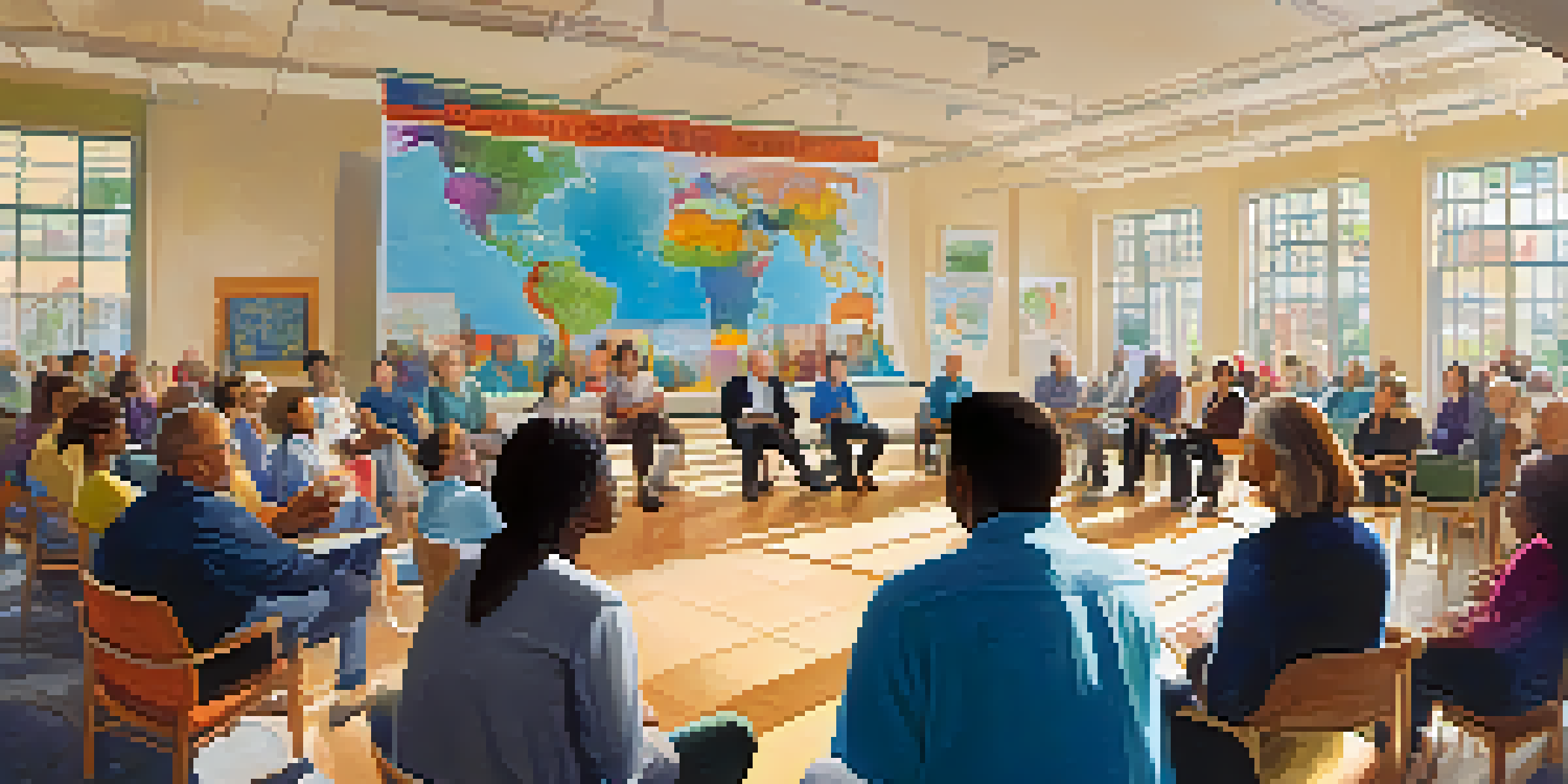 A community meeting in Santa Monica with diverse residents discussing urban planning ideas in a bright room.