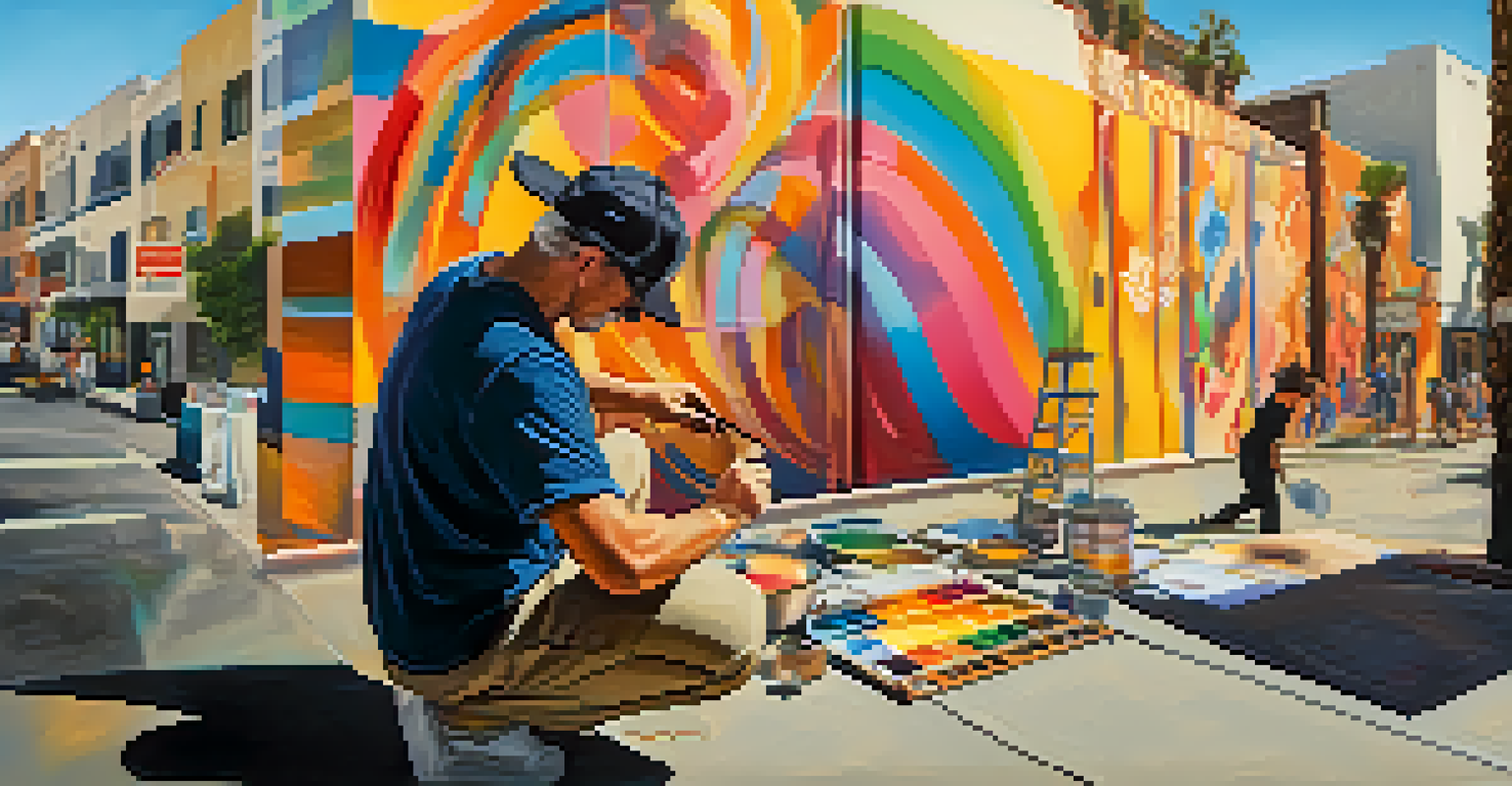 An artist painting a large mural on a city wall in Santa Monica, with vibrant colors and a lively street scene in the background.