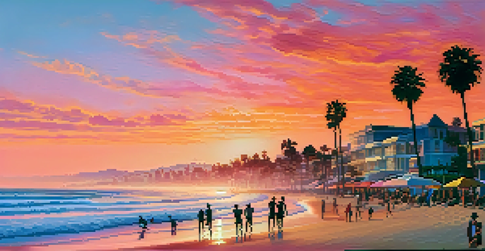 Panoramic view of Santa Monica beach at sunset with colorful sky, palm trees, and luxury homes in the background.