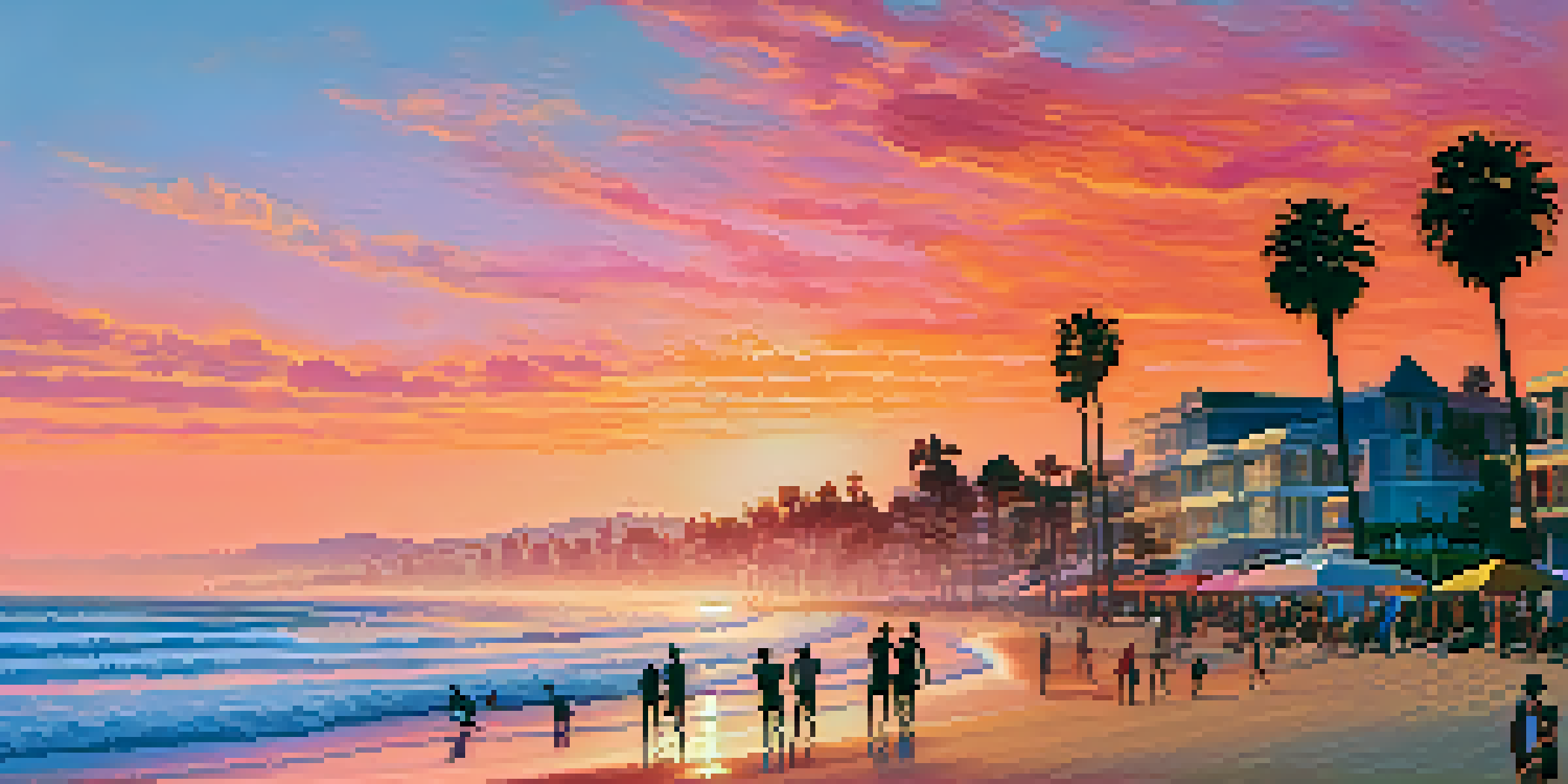 Panoramic view of Santa Monica beach at sunset with colorful sky, palm trees, and luxury homes in the background.