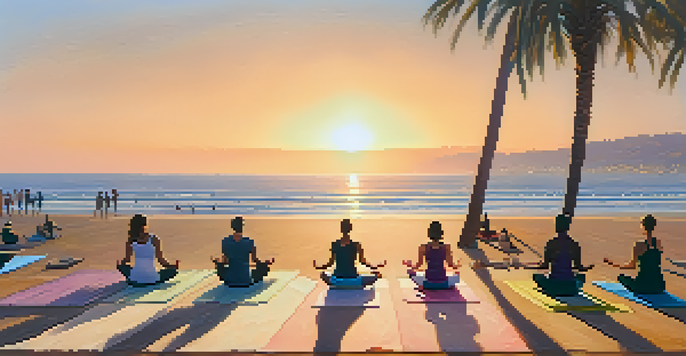 A group of diverse individuals practicing yoga on the beach at sunrise, with the ocean and palm trees in the background.