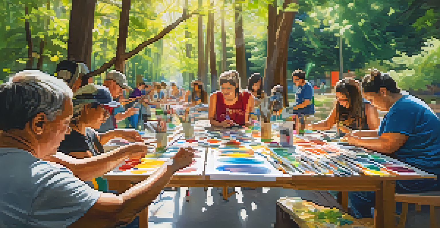 A lively community art workshop with people creating art together under the sunlight, surrounded by colorful artworks.