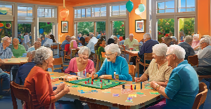 A lively game night at a community center with seniors playing board games and laughing, surrounded by colorful decorations.