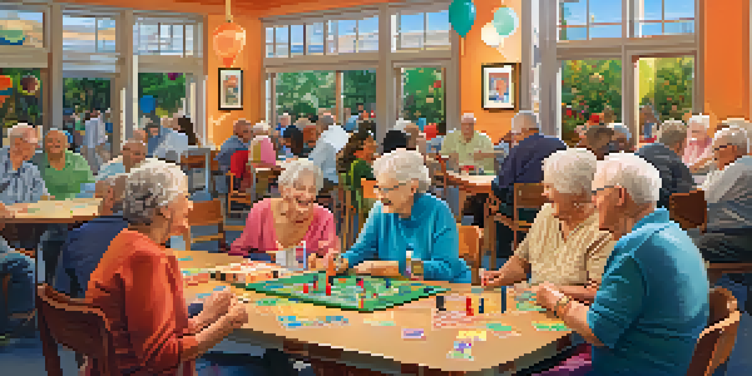 A lively game night at a community center with seniors playing board games and laughing, surrounded by colorful decorations.