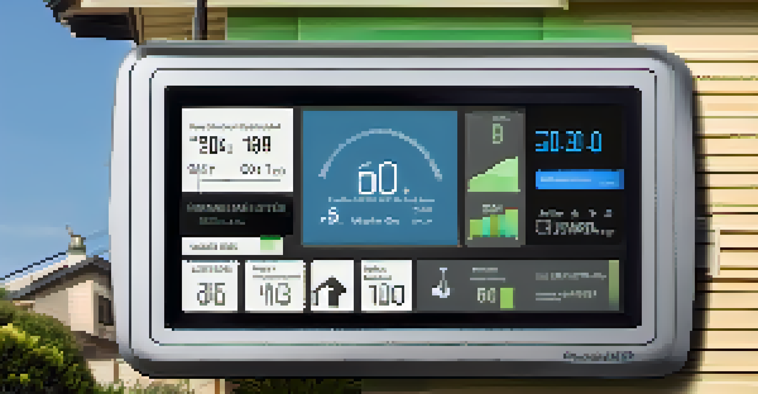 A close-up of a smart meter on a house displaying energy data, surrounded by a garden.