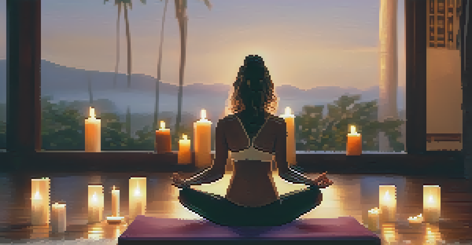 A person meditating on a yoga mat with candles and cushions around, showing a peaceful expression and a serene pose.
