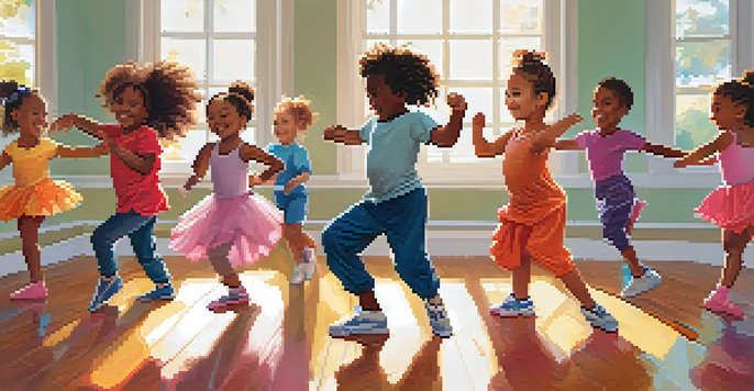 A diverse group of children happily dancing together in a bright dance studio, wearing colorful dance outfits.