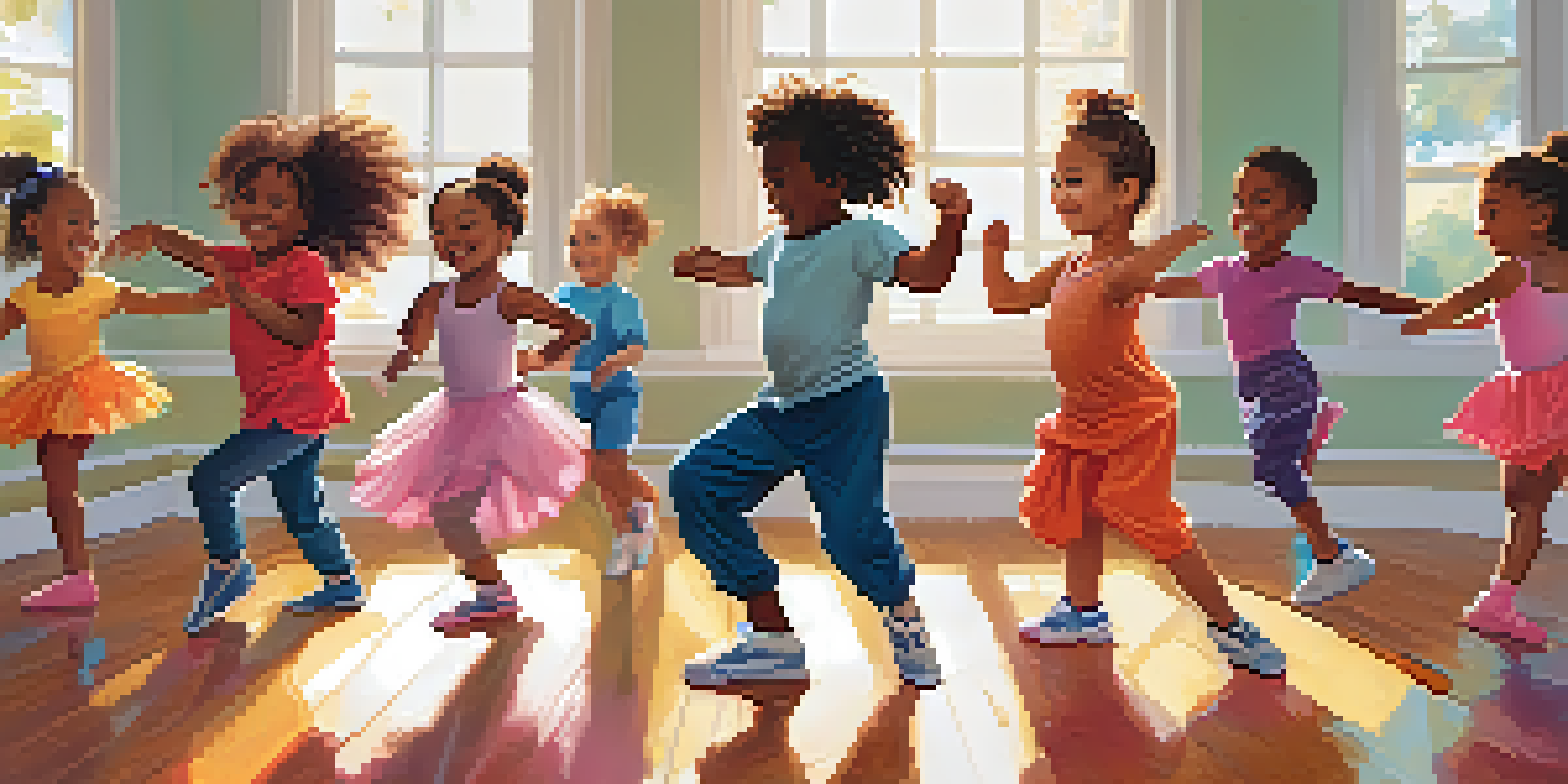 A diverse group of children happily dancing together in a bright dance studio, wearing colorful dance outfits.