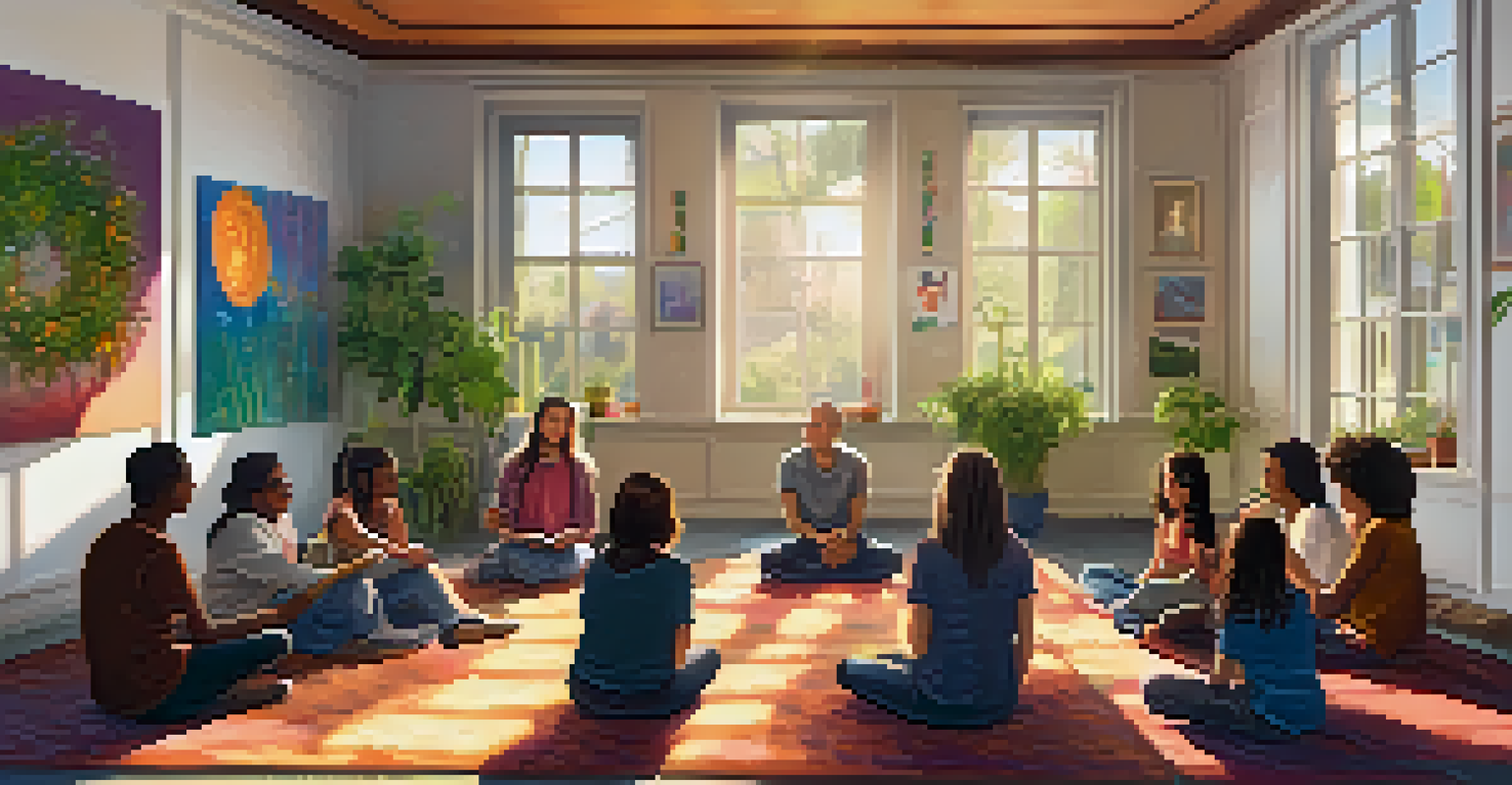 A diverse group of people sharing poems in an intimate room filled with artwork and sunlight, fostering a creative atmosphere.