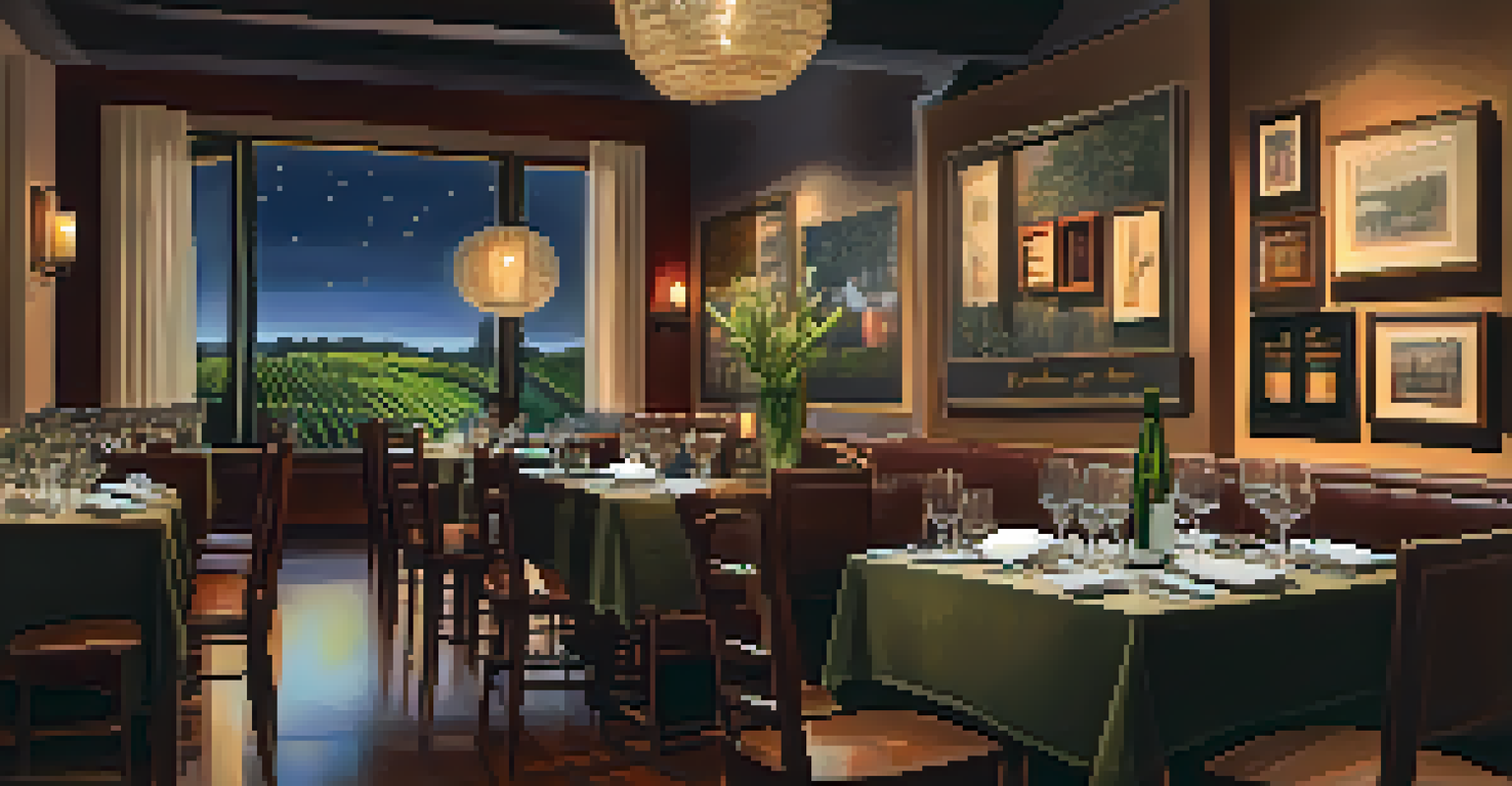 A cozy wine tasting setup in a restaurant with gourmet dishes and wine glasses, softly lit by candlelight.