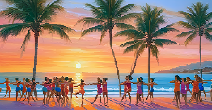 Dancers practicing contemporary dance on the beach at sunset, with vibrant colors in the sky and gentle ocean waves.
