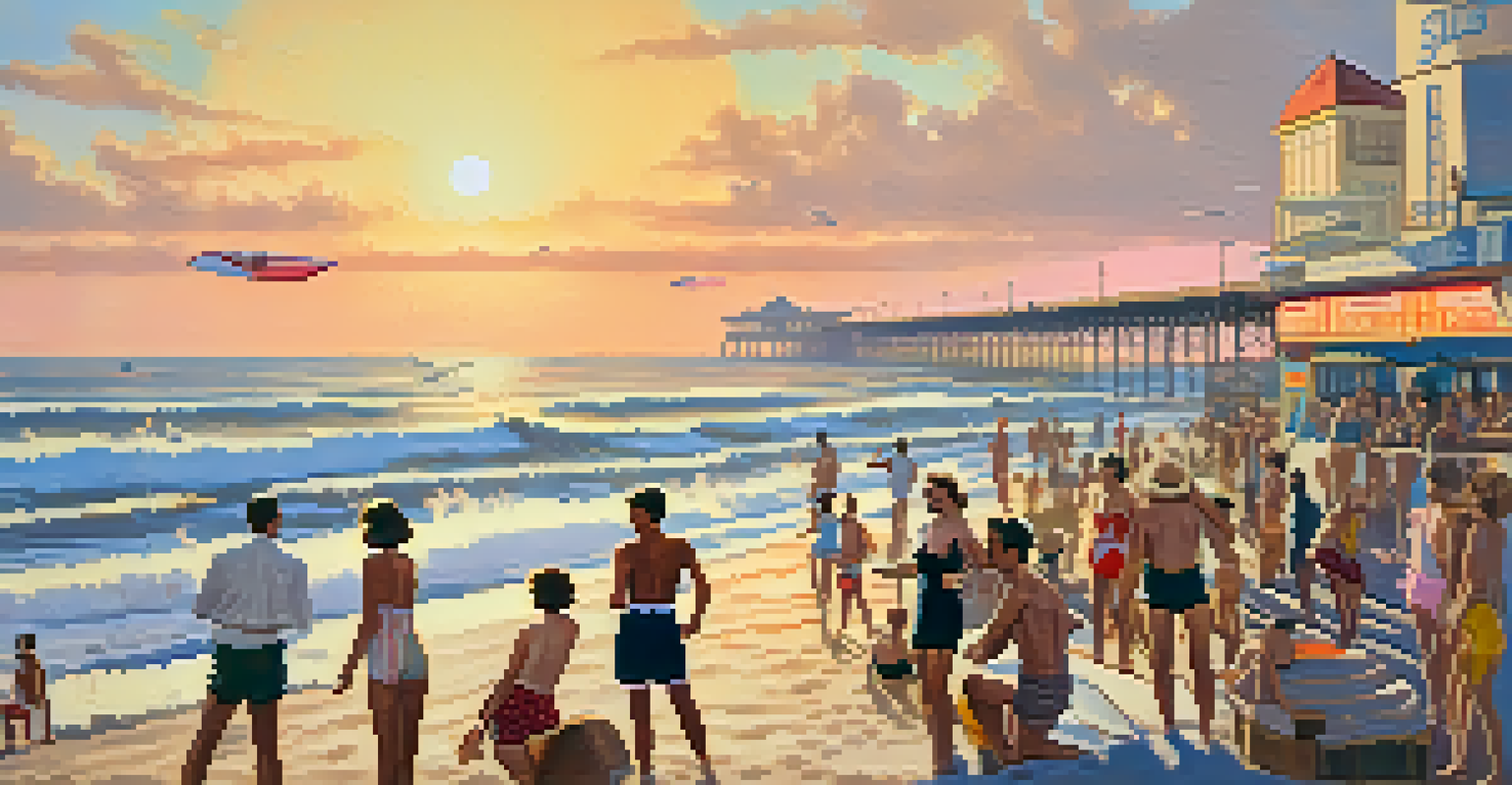 A lively depiction of Santa Monica Beach in the 1920s with fashionable beachgoers and surfers.