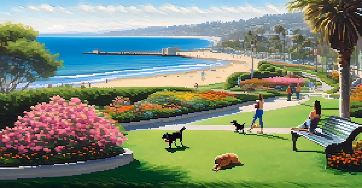 A scenic park with a dog playing on the grass, surrounded by greenery and ocean views, with people enjoying the sunny day.