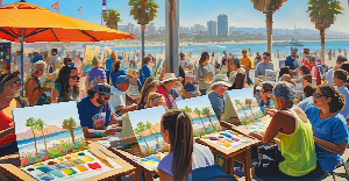 A diverse group of people participating in an outdoor art workshop, painting canvases with colorful supplies under sunlight and palm trees.