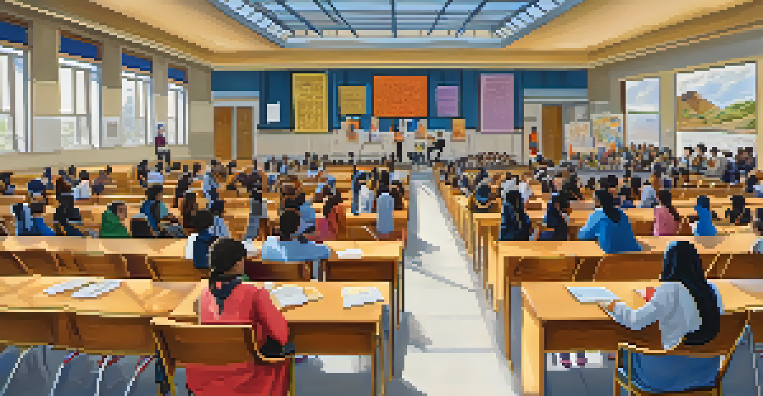 Students in a school auditorium participating in an interfaith workshop, with posters of various religions displayed and a guest speaker at the front.