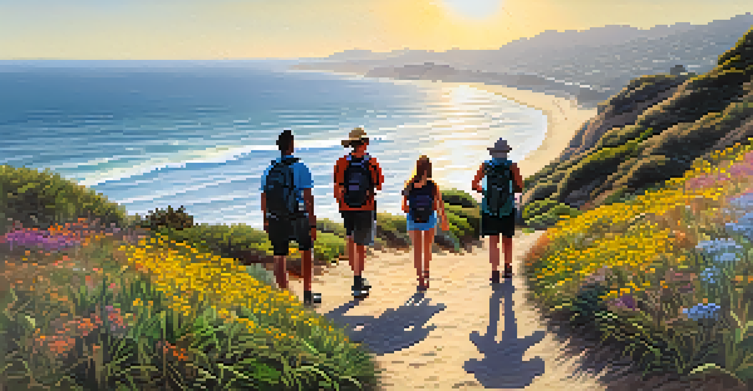 A diverse group of hikers enjoying a nature trail along the Santa Monica coast with bright sunshine and ocean views.