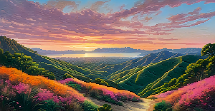 A sunset view over the Santa Monica Mountains with hikers on a trail surrounded by lush greenery.