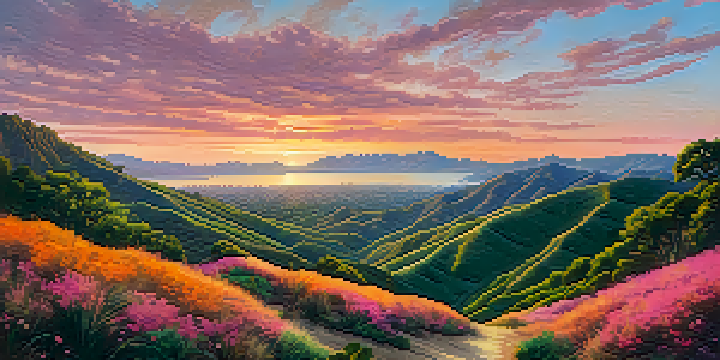 A sunset view over the Santa Monica Mountains with hikers on a trail surrounded by lush greenery.