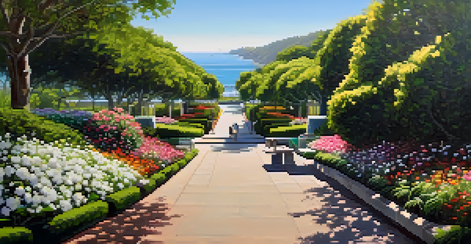 A tranquil pathway in Palisades Park with beautiful gardens and ocean views, showcasing people walking and enjoying nature.