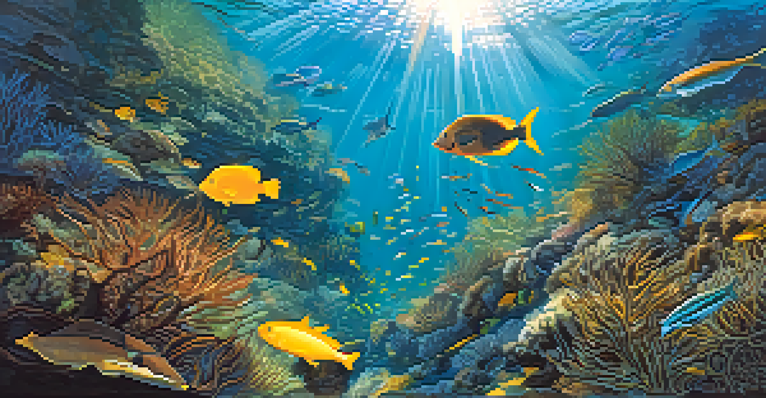 An underwater kelp forest with diverse marine life, including a black abalone and colorful fish.