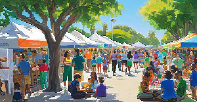 A lively community health fair with families interacting at booths, children enjoying face painting, and colorful banners in a sunny outdoor setting.