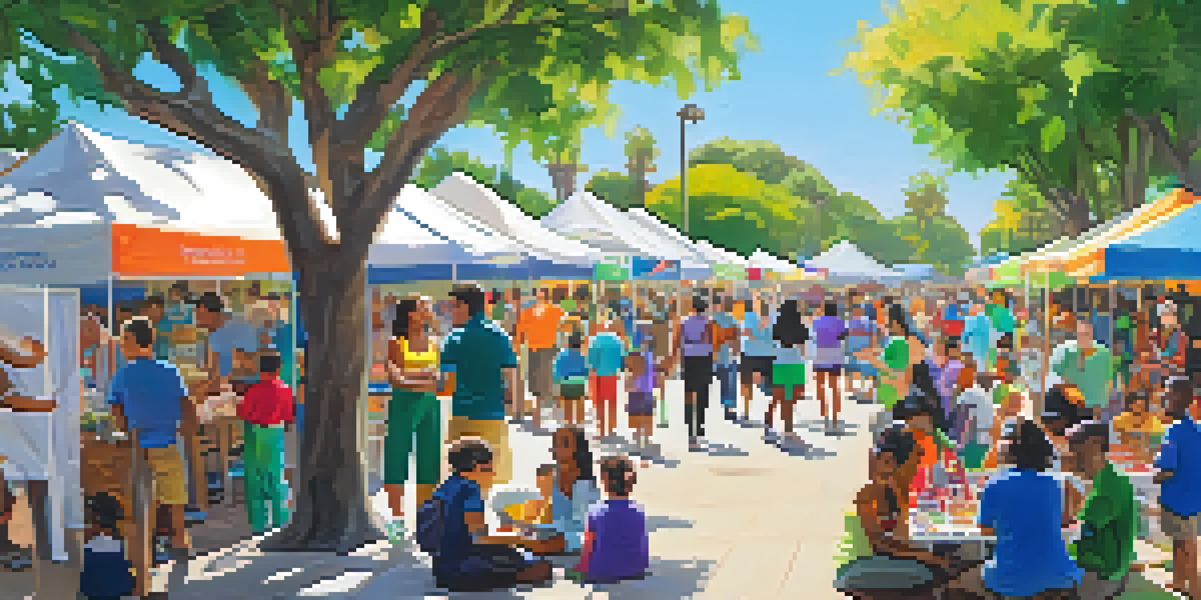 A lively community health fair with families interacting at booths, children enjoying face painting, and colorful banners in a sunny outdoor setting.