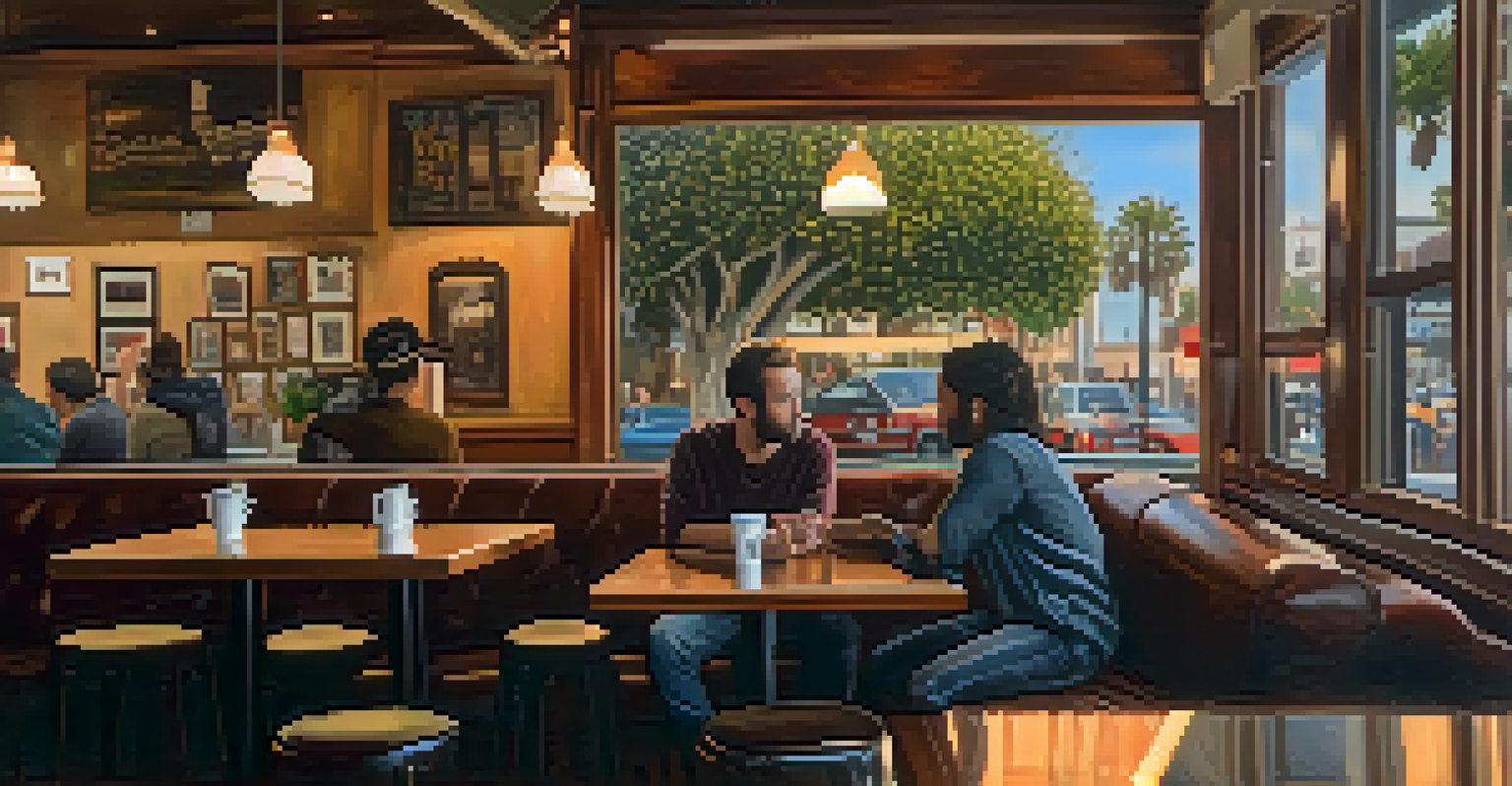 A cozy coffee shop in Santa Monica featuring a local musician playing guitar, with patrons enjoying the atmosphere.
