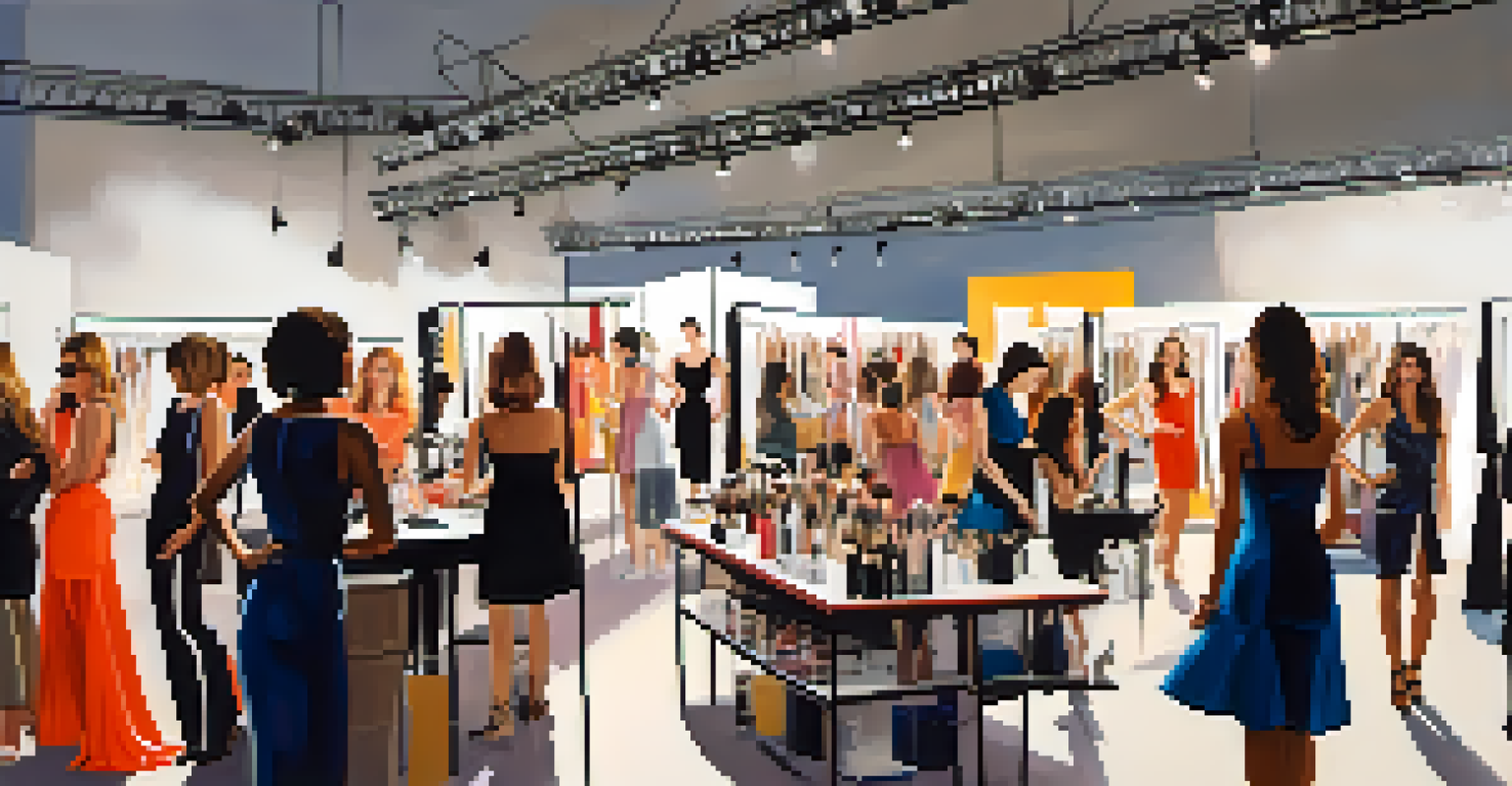 Backstage at a fashion show with stylists preparing models, surrounded by makeup tools and fashion accessories.