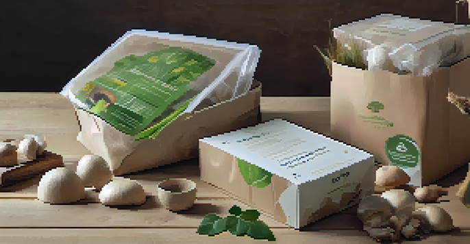 Close-up view of various eco-friendly packaging materials including mushroom-based packaging, recycled paper, and plant-based plastics on a wooden table.
