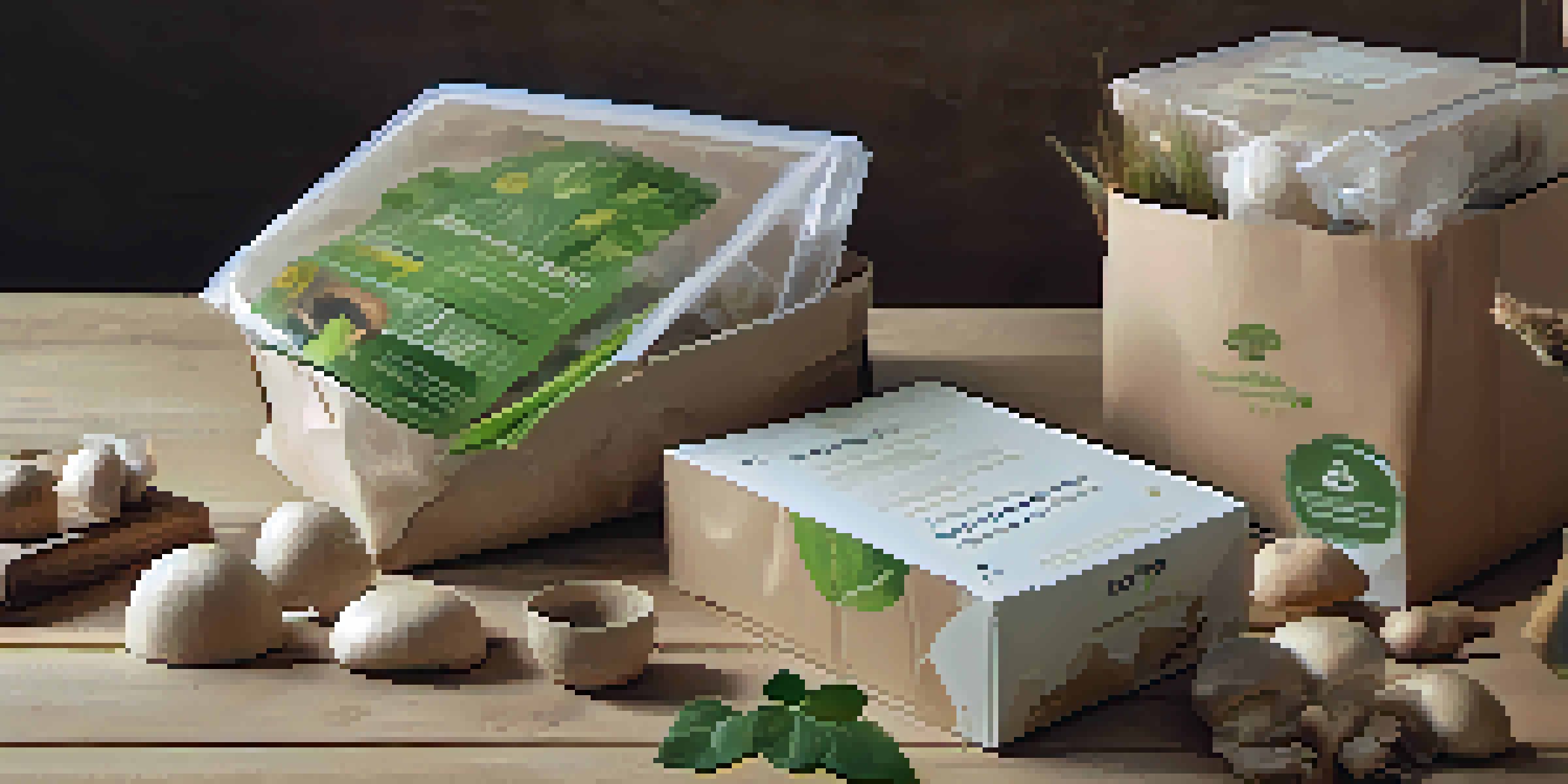 Close-up view of various eco-friendly packaging materials including mushroom-based packaging, recycled paper, and plant-based plastics on a wooden table.