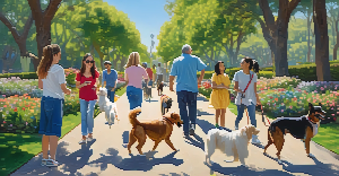 A dog walker with multiple dogs in a sunny Santa Monica park, surrounded by greenery and flowers.