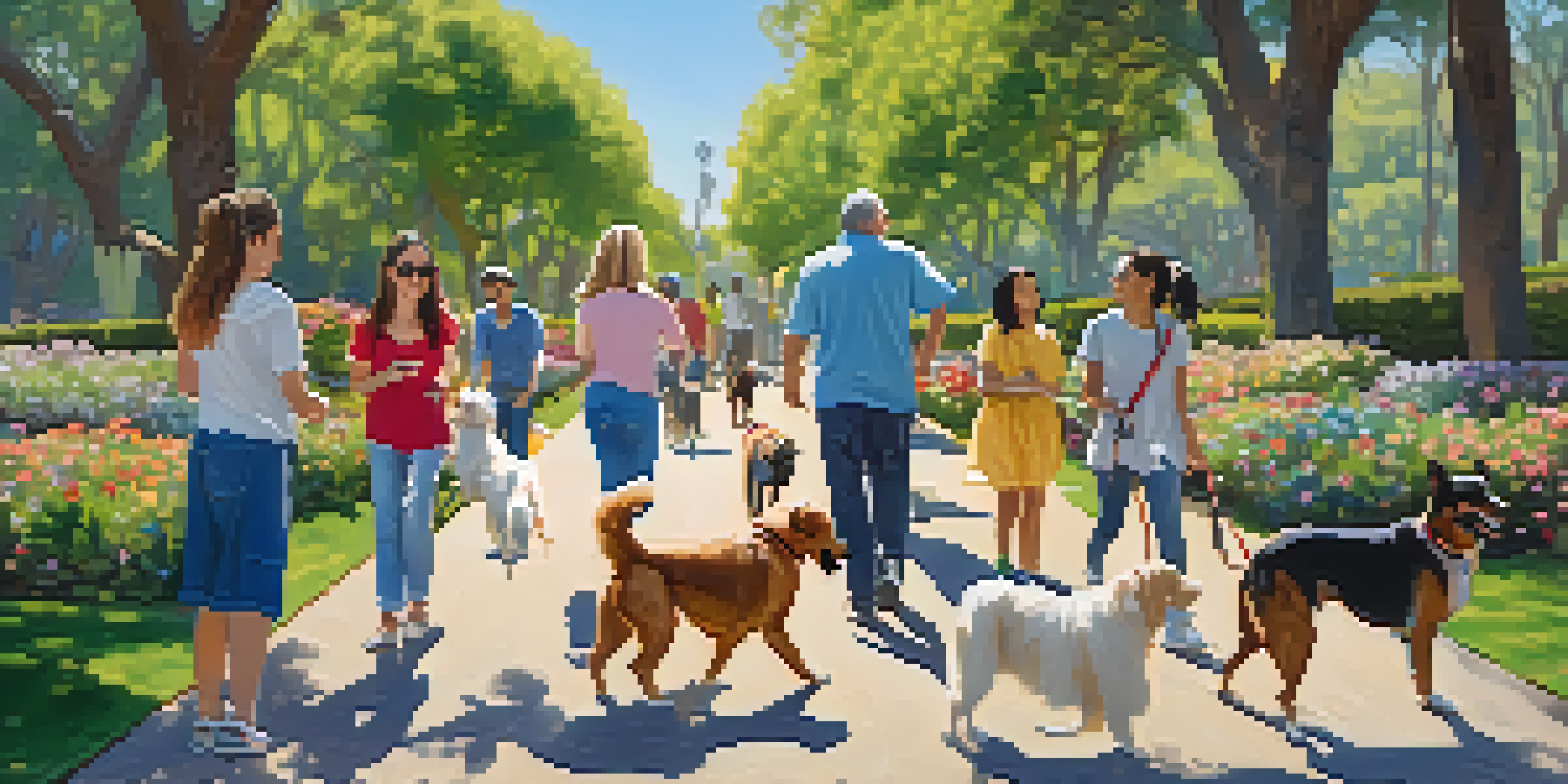 A dog walker with multiple dogs in a sunny Santa Monica park, surrounded by greenery and flowers.