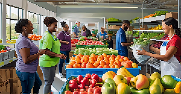 A colorful food bank scene with diverse volunteers sorting fresh produce under natural light.