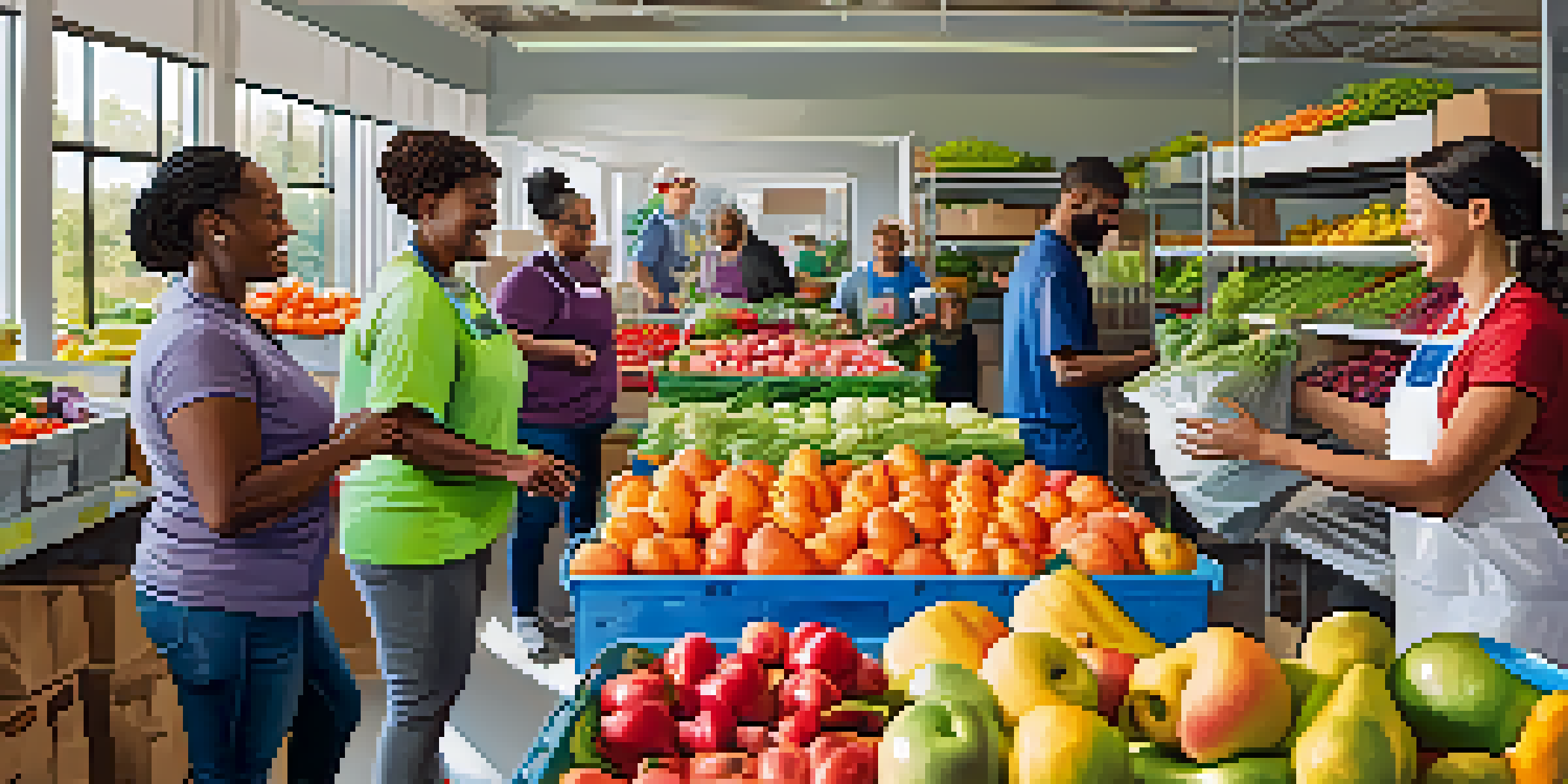A colorful food bank scene with diverse volunteers sorting fresh produce under natural light.
