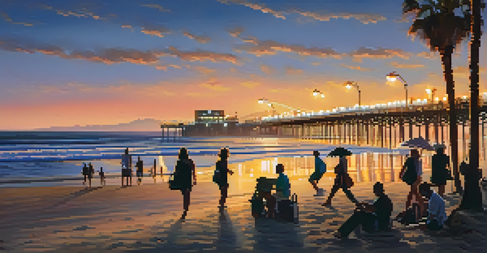 A picturesque view of Santa Monica Beach at sunset, featuring golden sand, gentle waves, and the illuminated Santa Monica Pier in the background.