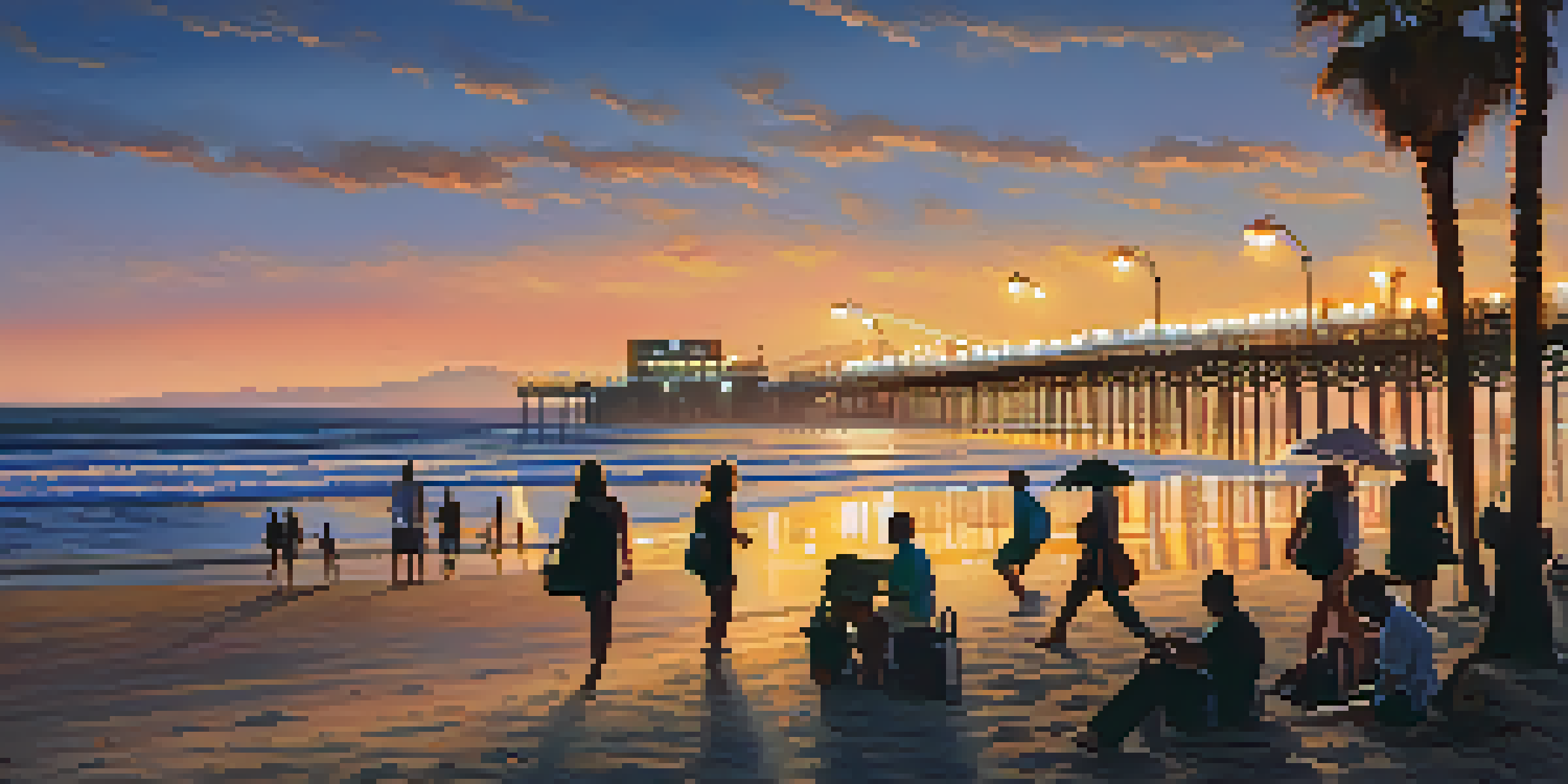 A picturesque view of Santa Monica Beach at sunset, featuring golden sand, gentle waves, and the illuminated Santa Monica Pier in the background.