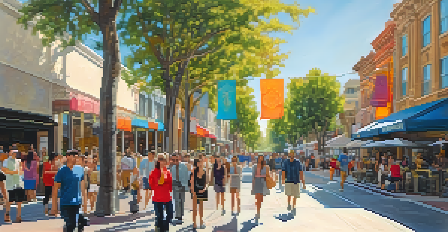 A lively street scene at Third Street Promenade, showcasing historic architecture and people enjoying shopping and entertainment.