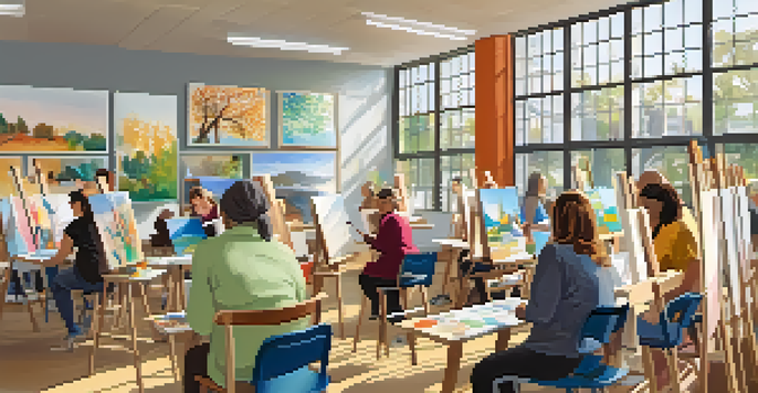 A bright and welcoming classroom where diverse students are learning painting at a community center.