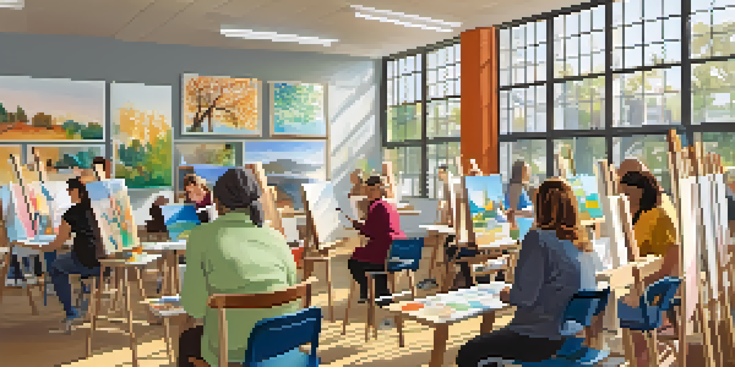 A bright and welcoming classroom where diverse students are learning painting at a community center.