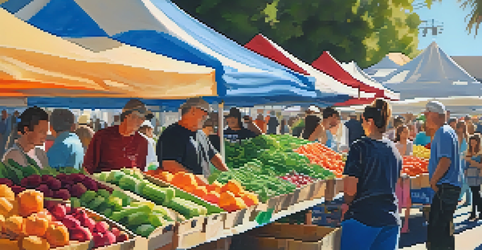 A busy farmers market with families shopping. Colorful stalls of fresh produce are visible, with children and parents happily interacting.