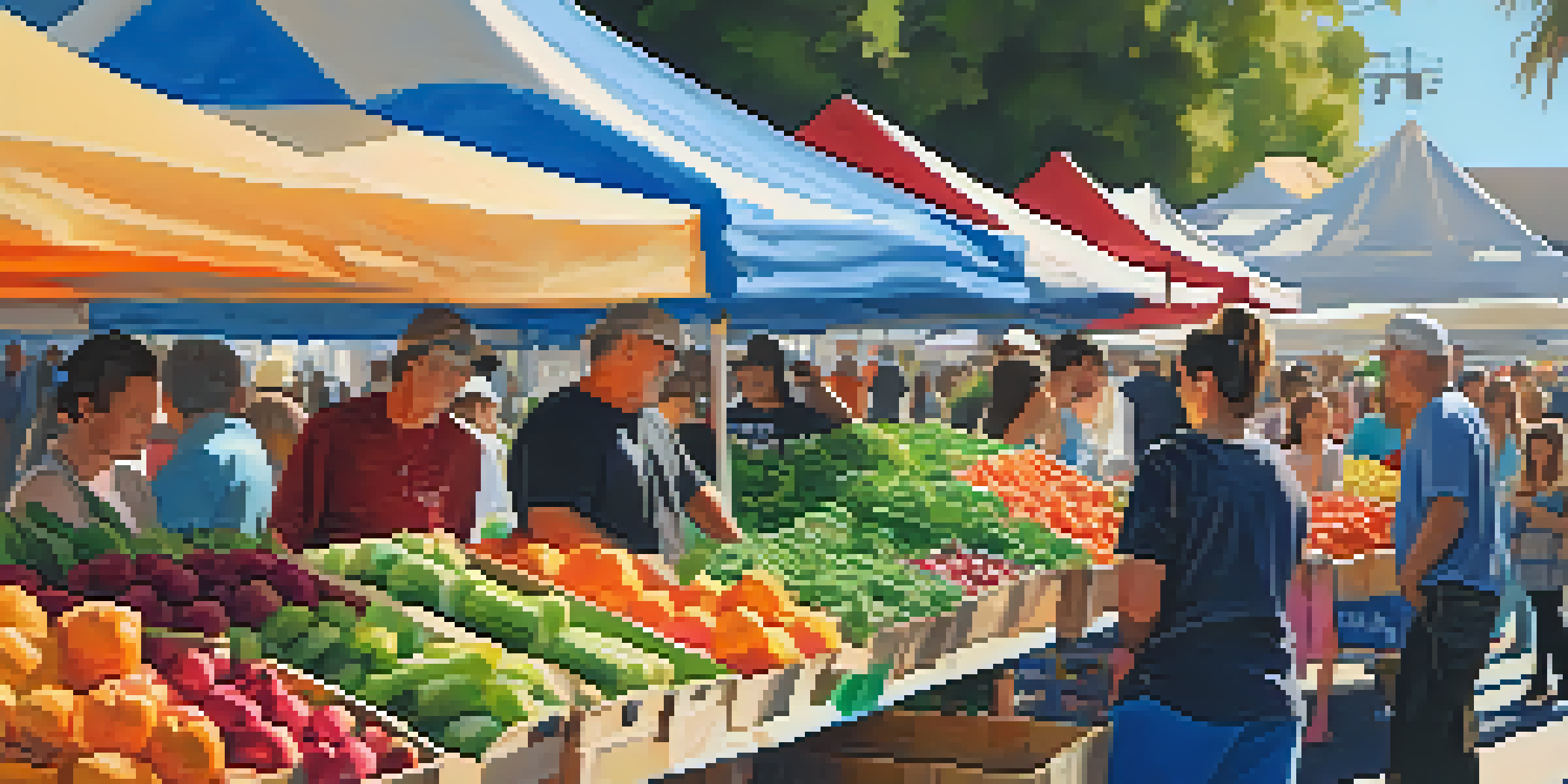 A busy farmers market with families shopping. Colorful stalls of fresh produce are visible, with children and parents happily interacting.