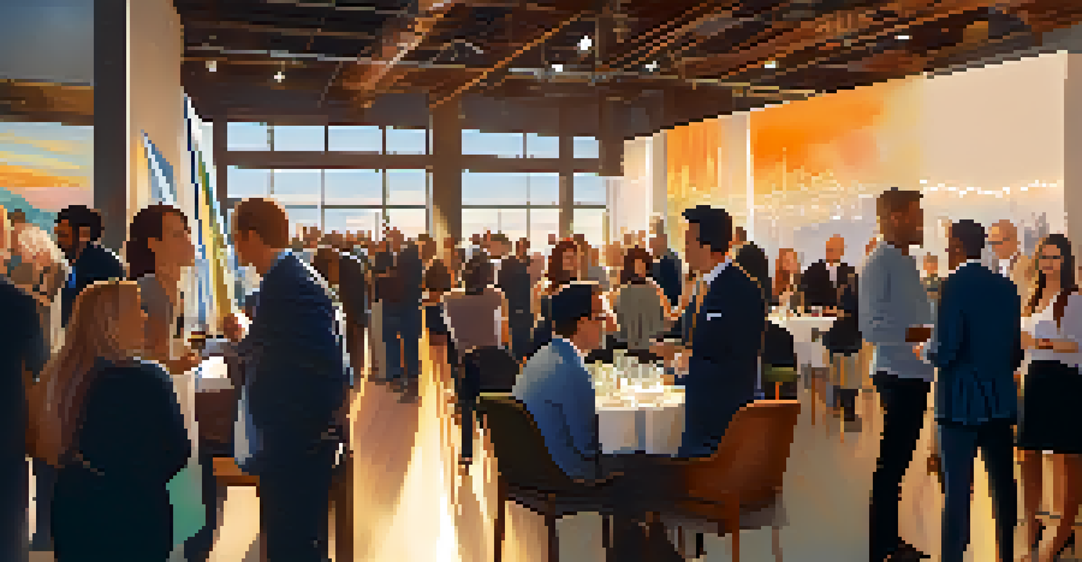 Networking event in Santa Monica with people socializing, local startup banners, and a warm, inviting ambiance.