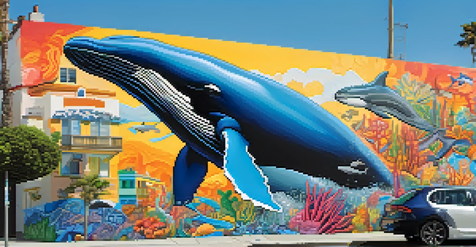 A colorful mural of a whale swimming through a city, representing the connection between nature and urban life.