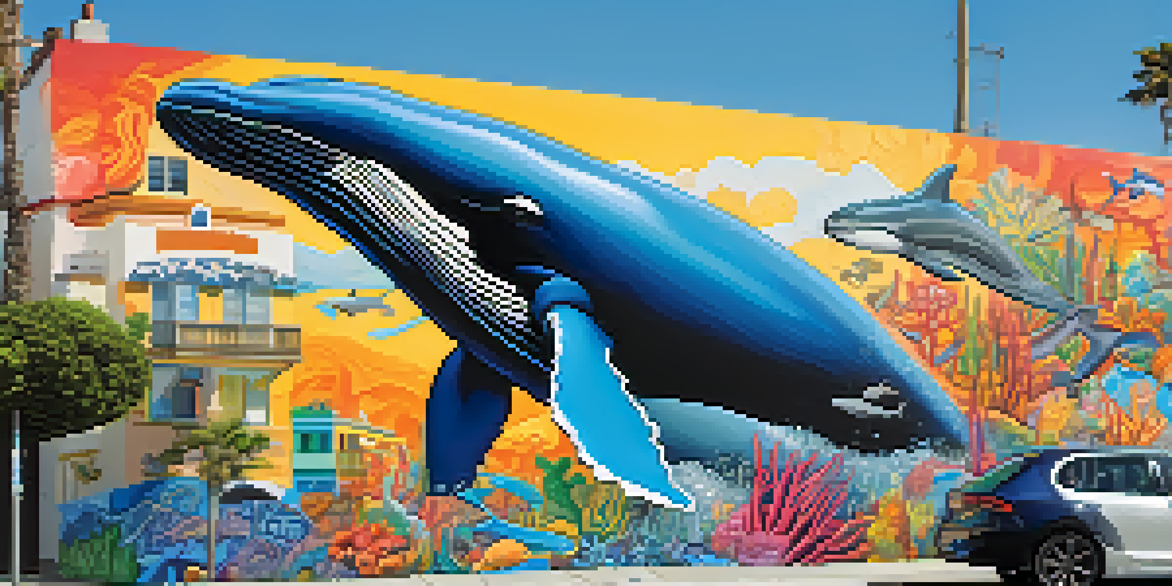 A colorful mural of a whale swimming through a city, representing the connection between nature and urban life.
