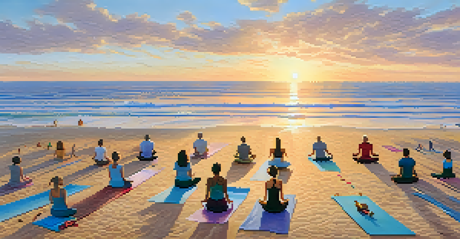 People practicing yoga on a beach at sunrise, with the sun reflecting on the water and soft waves in the background.