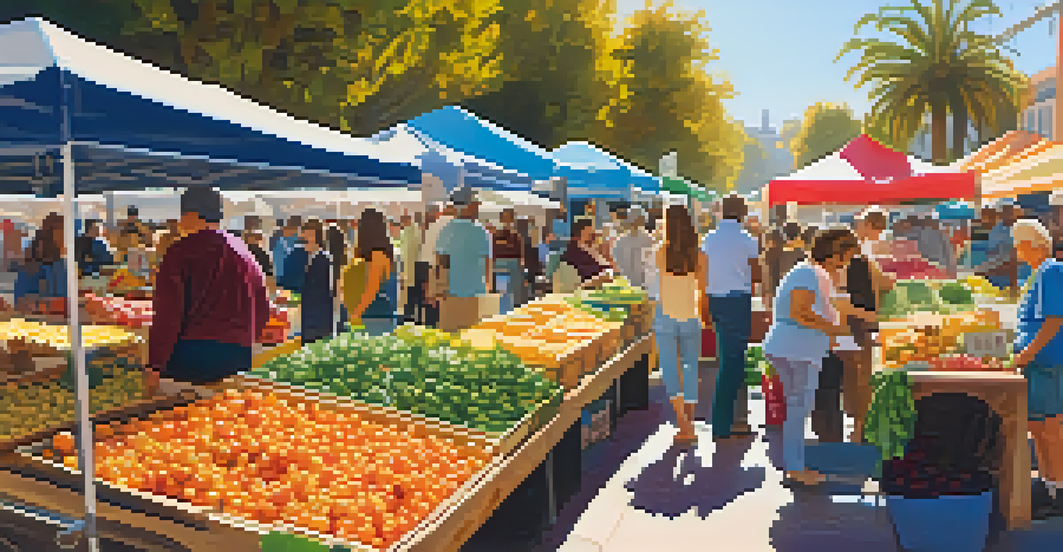 A lively farmers' market in Santa Monica with colorful stalls and fresh produce.