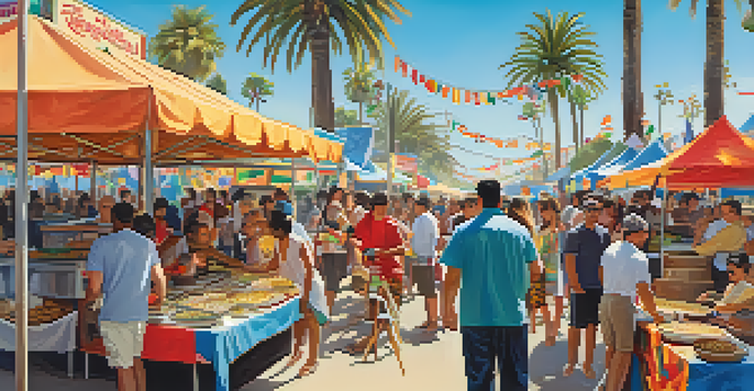 A lively cultural festival in Santa Monica with food stalls, diverse people enjoying food, and musicians performing, set against the ocean and palm trees.